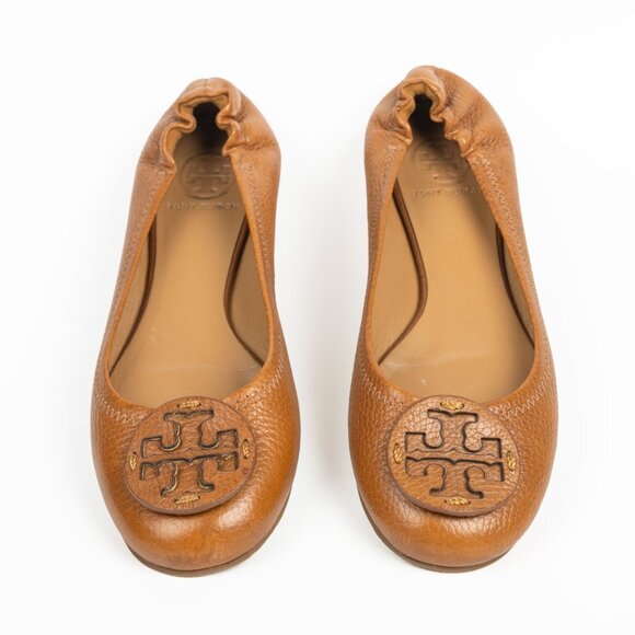Tory Burch Shoes - Tory Burch Reva Ballet Flats Royal Tan Leather Logo Size 7
